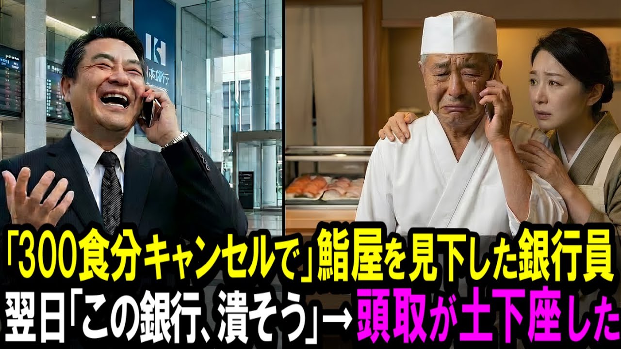 【スカッと】「300食分キャンセルで」鮨屋を見下した銀行員。翌日「この銀行、潰そう」→頭取が土下座した【シニア】