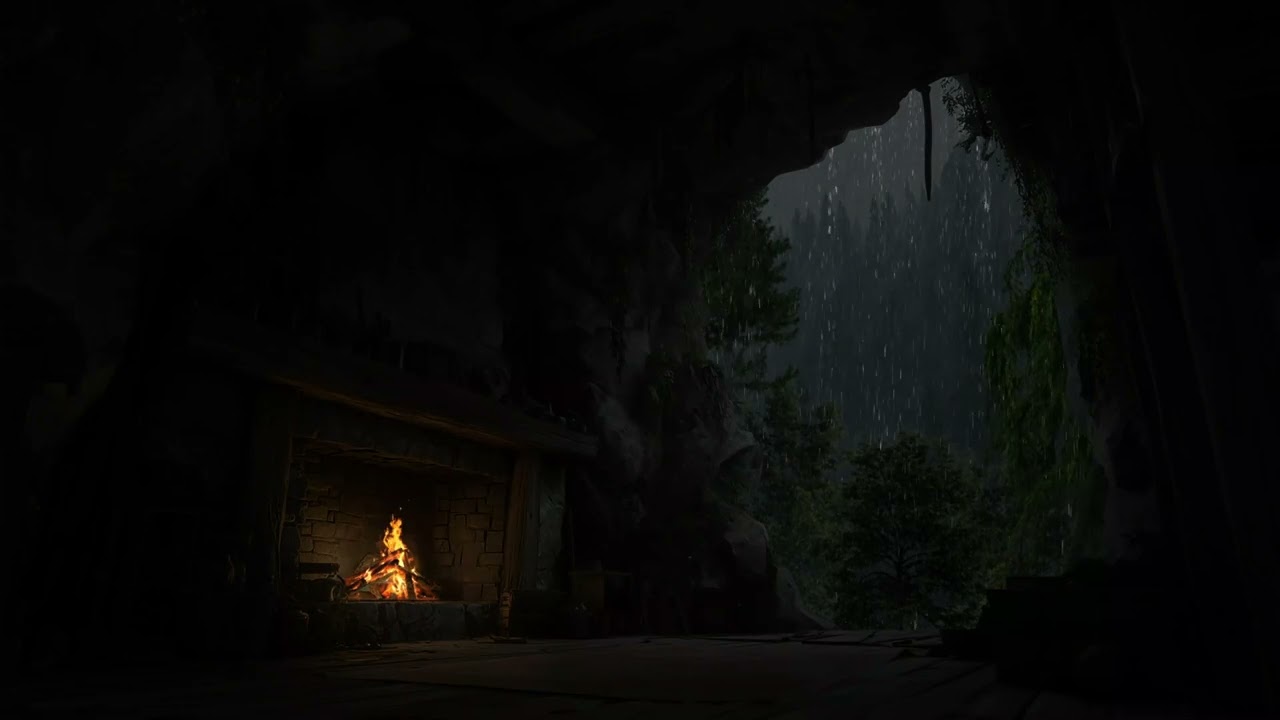 O Som Da Chuva Ajuda A Curar A Insônia Ao Lado Da Lareira Crepitante Da Caverna