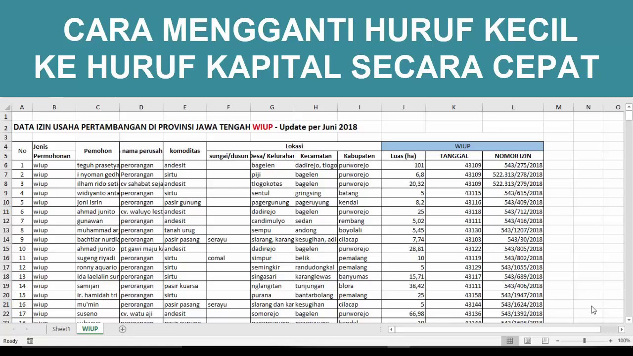 Cara merubah huruf kecil ke huruf kapital pada excel dengan cepat