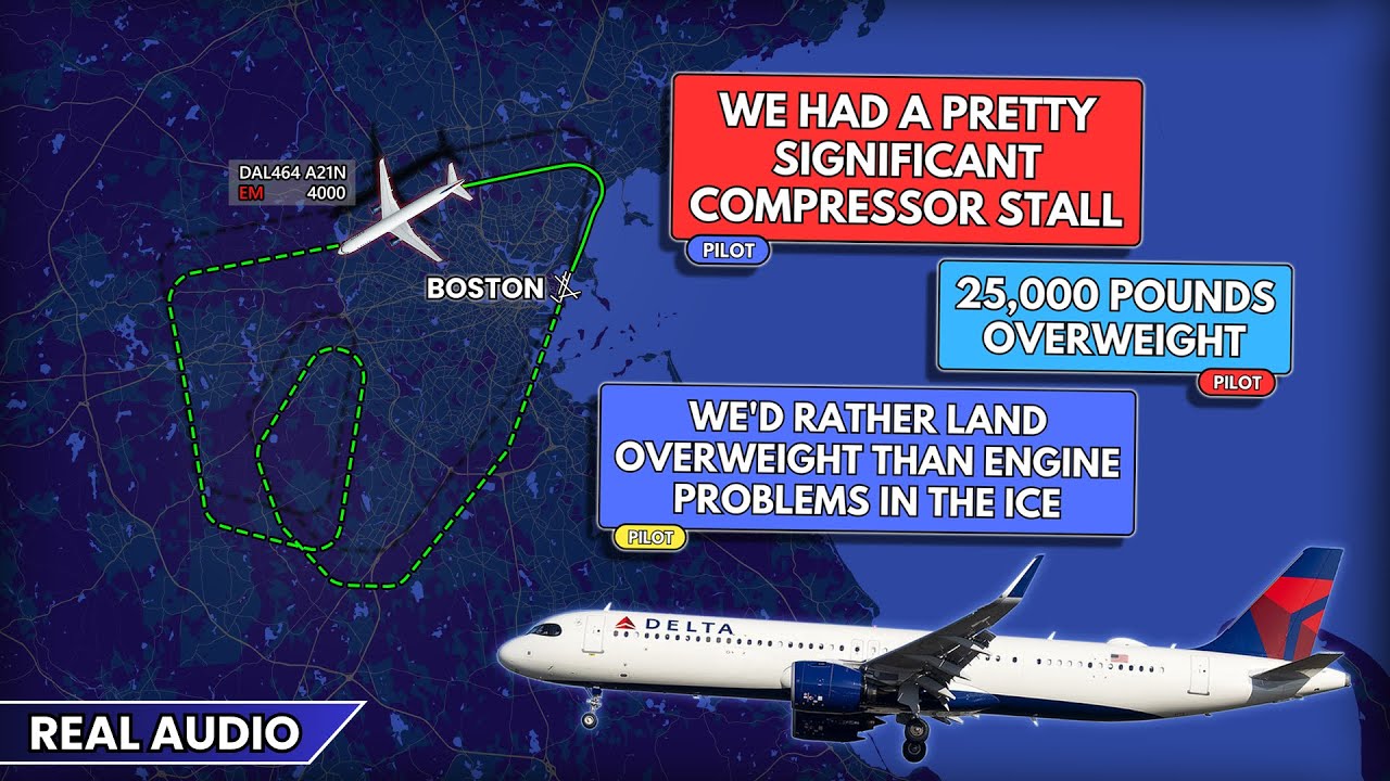Significant compressor stall. Airplane lands 25,000 pounds overweight at Boston. Real ATC