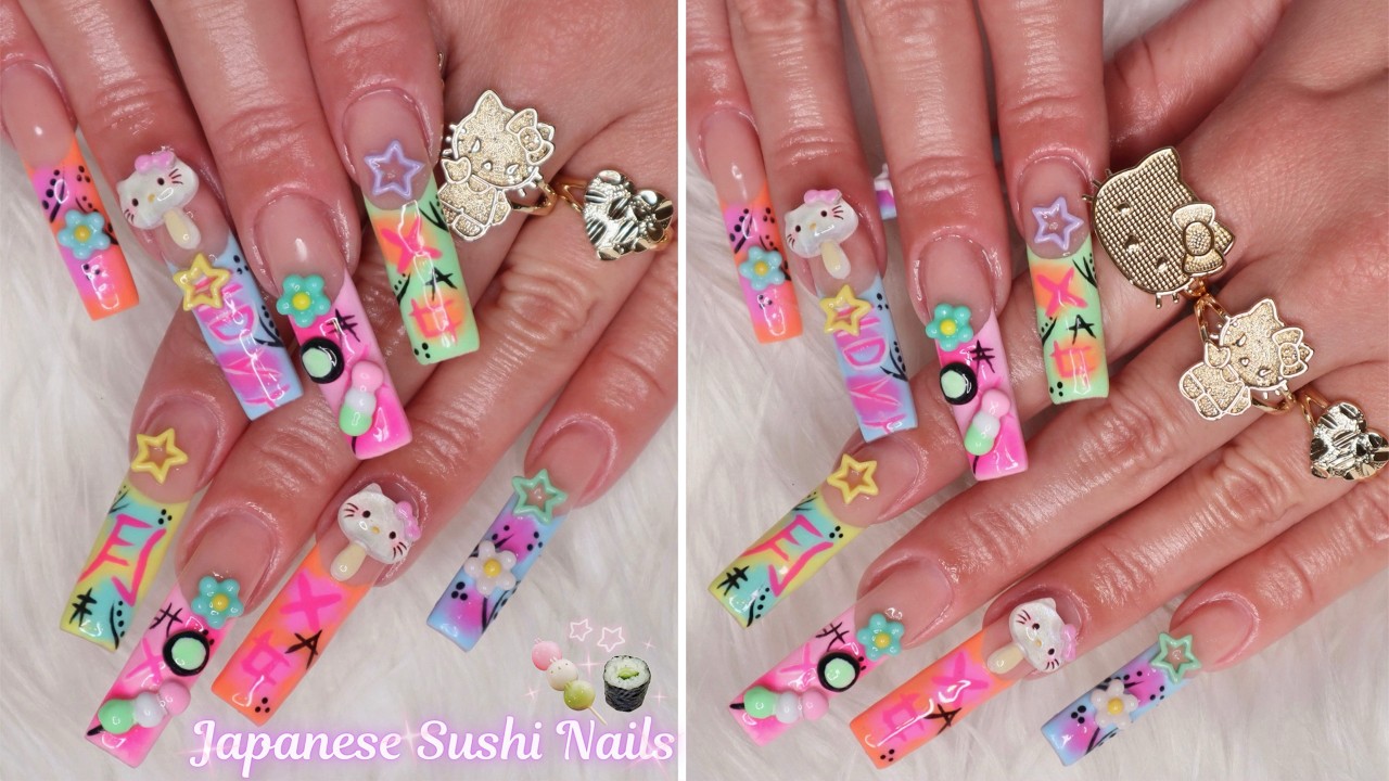Japanese Nail Art + Colorful French Tip Acrylics + 3D Sushi 🍣💅🏼 (Blooming Gel Effect) I MelodySusie