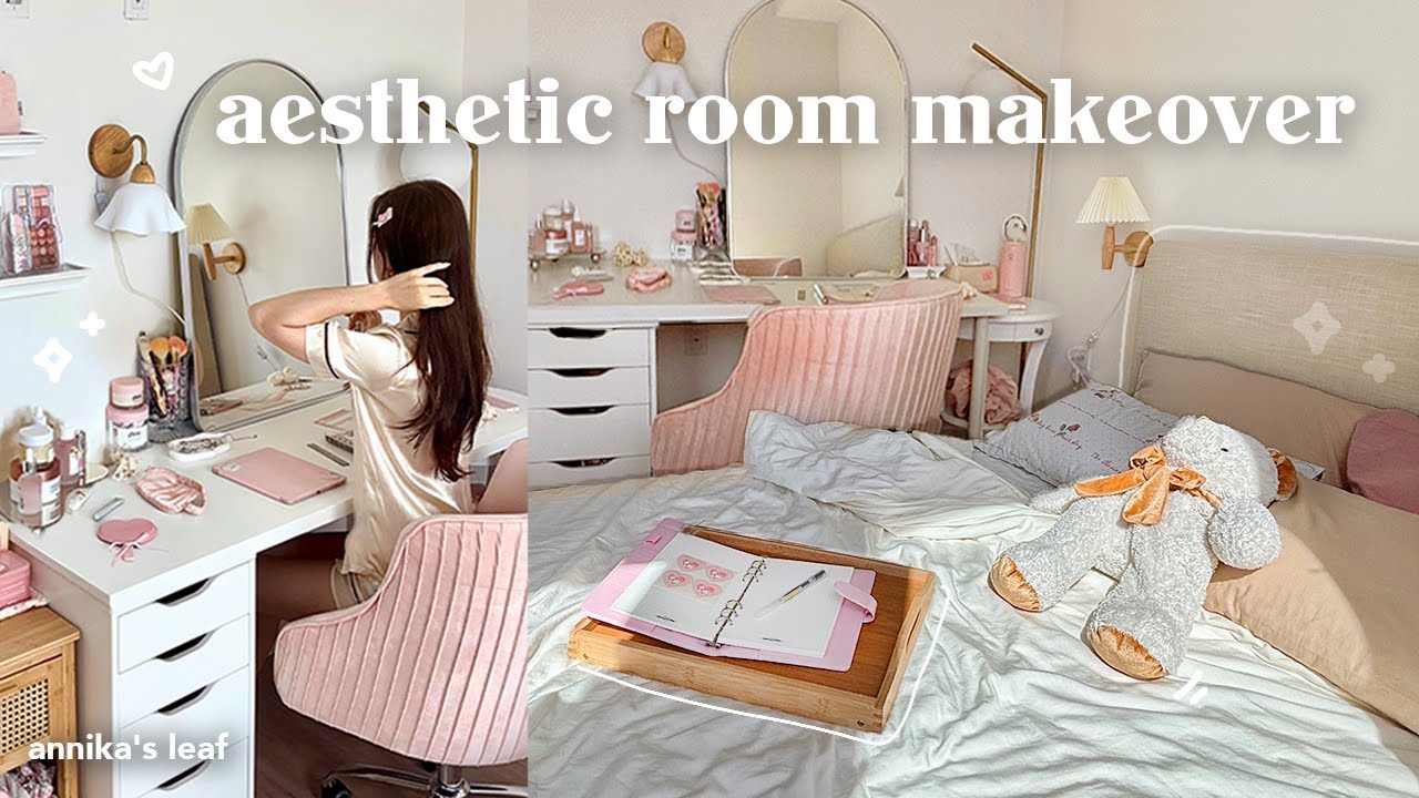 bedroom transformation vlog🎀🧸 aesthetic room makeover, vanity desk setup, cozy pinterest inspired