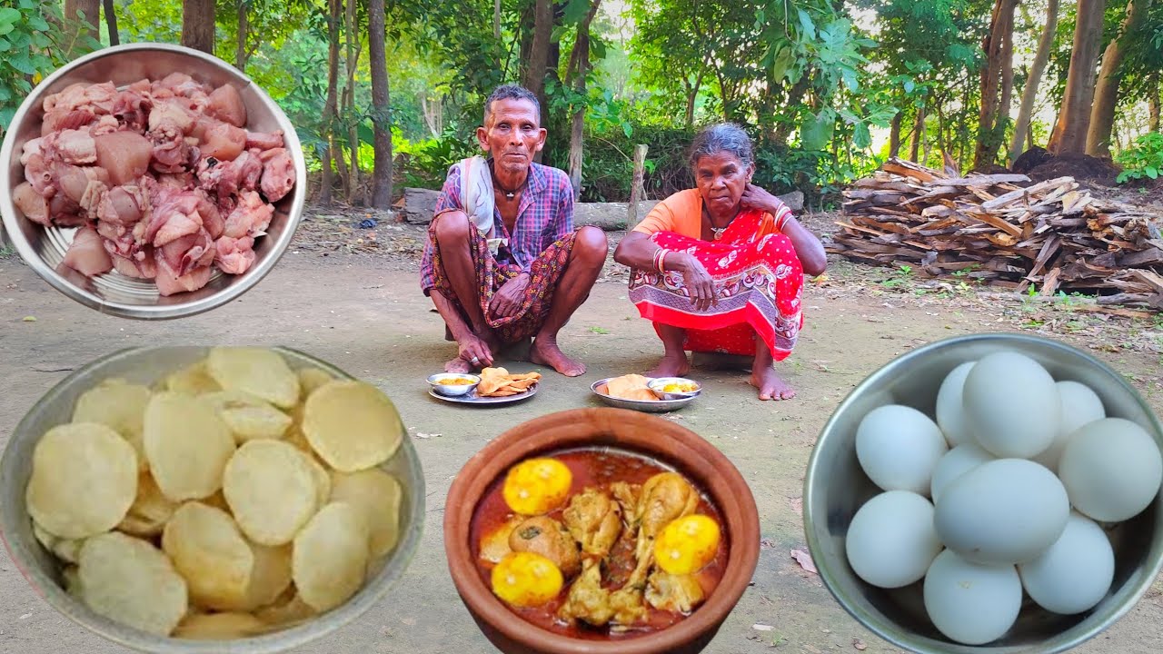 80 years old grandma cooking CHICKEN EGG curry and eating with HOT LUCHI | rural poor man lifestyle 