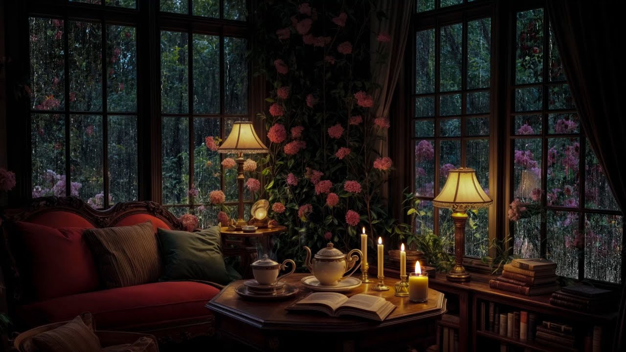 [ Sleep in a Hidden Rose Garden Room]🌹 Rain on Windows, Candlelight & Tea | Insomnia Aid | 24H