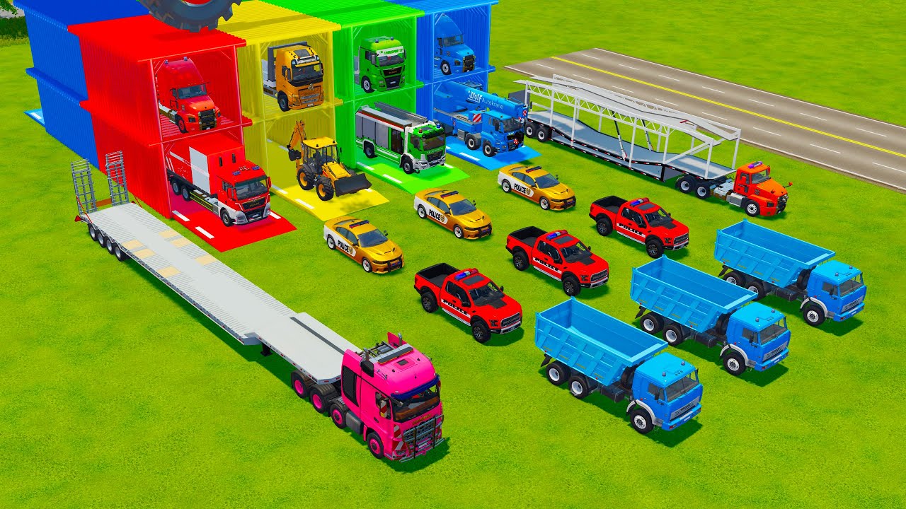 TRANSPORTING ALL POLICE CARS, FIRE AND RESCUE VEHICLES, BACKHOE LOADER, DUMP TRUCK TO GARAGE - FS22