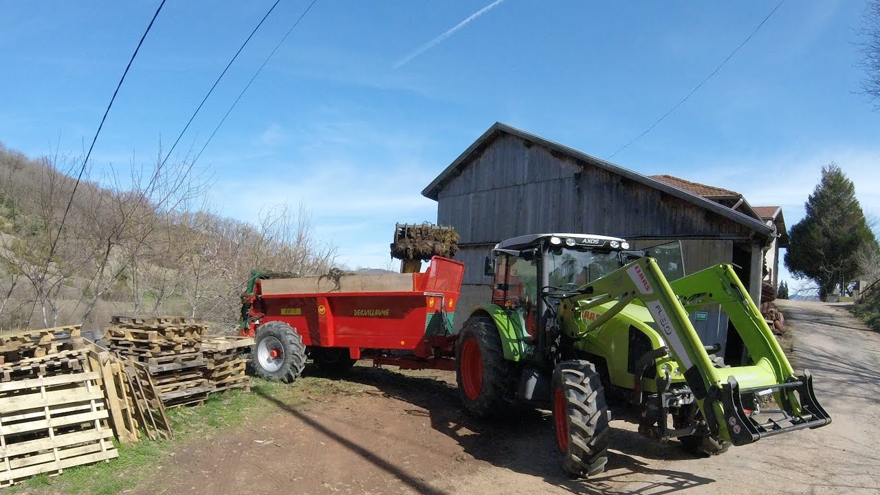 épandage de fumier 2017 / avec le petit nouveau : Claas Axos 340 CX et épandeure Deguillaume