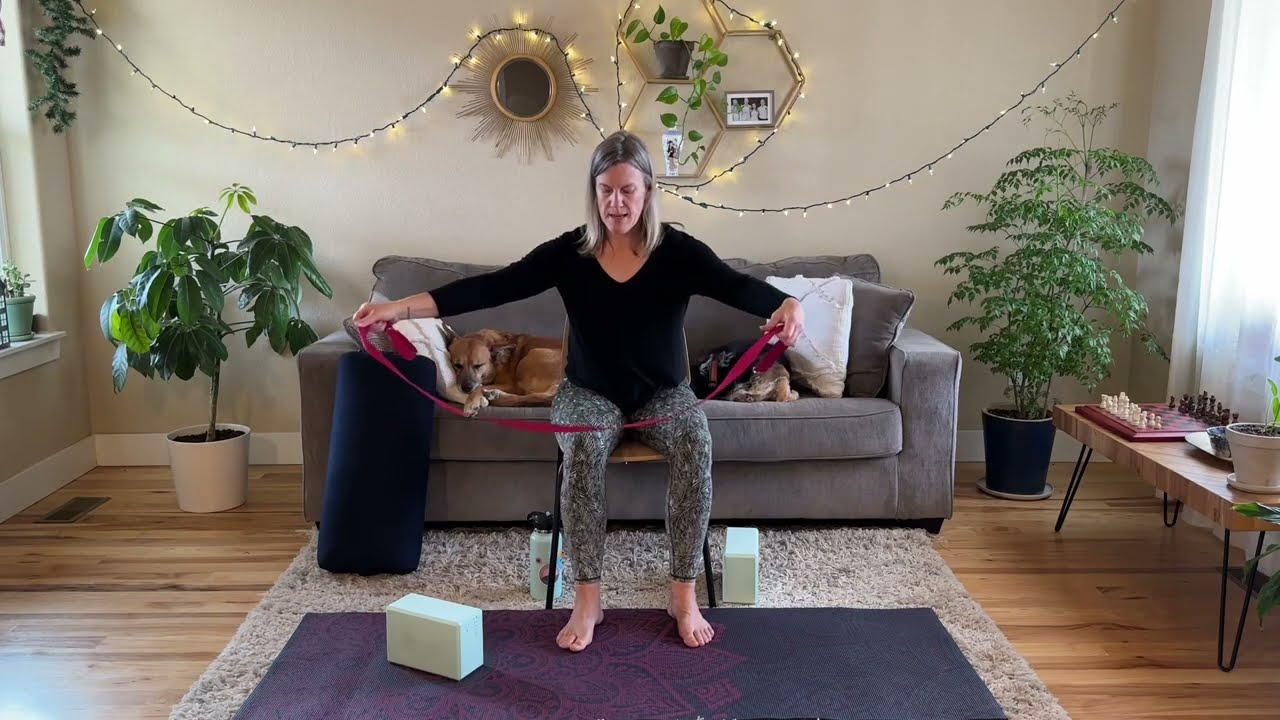 Adaptive Chair Yoga class with a yoga strap