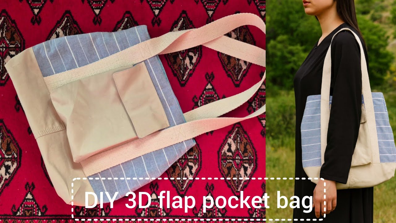 Diy 3D flap pockets totebag;upcycling old cloths