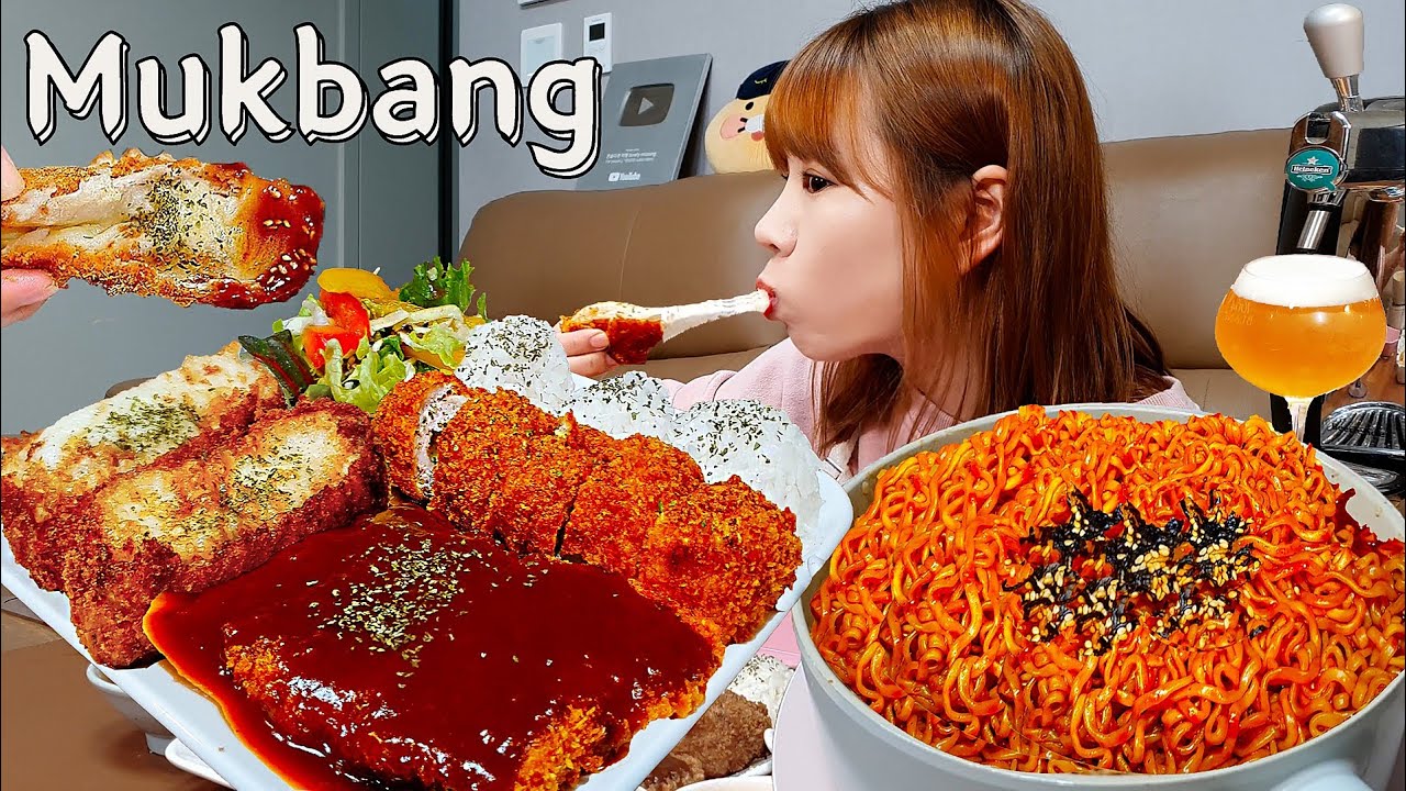 Sub)Real Mukbang-Готовим сырную свиную котлету🧀 Острую куриную лапшу🔥 Разливное пиво🍺 КОРЕЙСКАЯЕДА