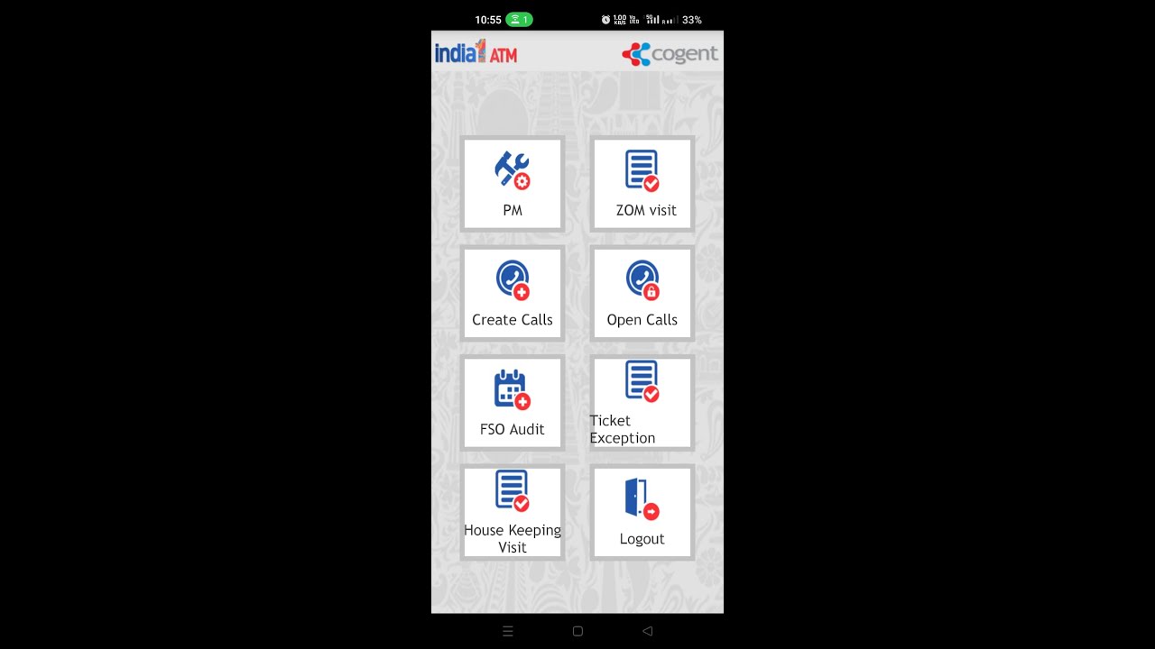 india 1 ATM synergy app call log process for  Tis work- light and door,other issue of atm room
