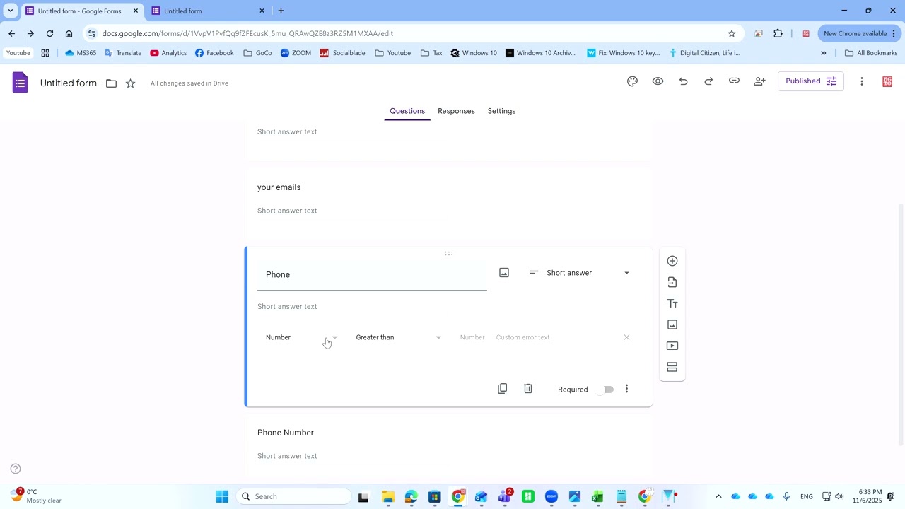 How to validate 10 digital phone numbers and email address in Google Forms