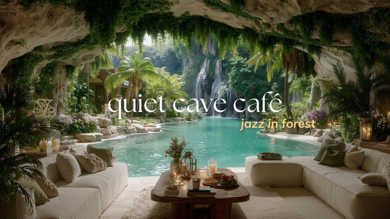 Quiet Cave Cafe with Calm Jazz Ambience | Tranquil Morning Jazz by Waterfall to Deep Relax