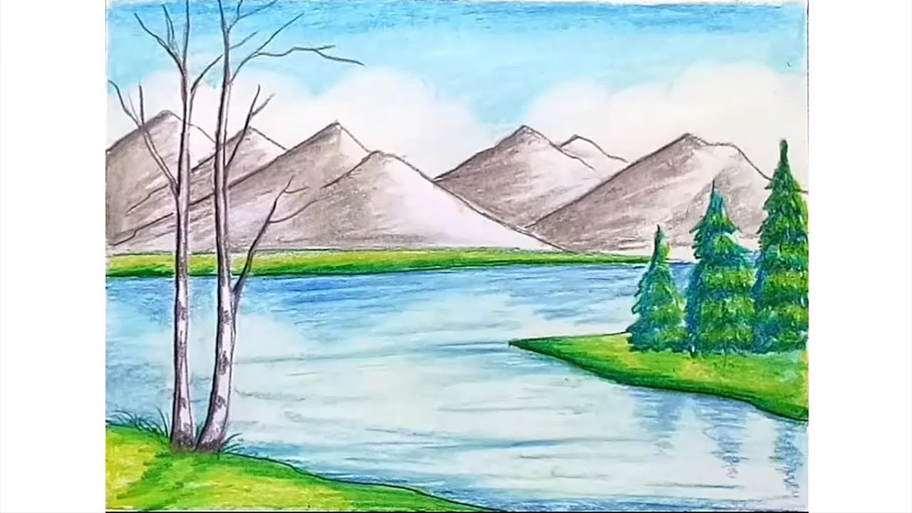 How to draw scenery of mountain step by step