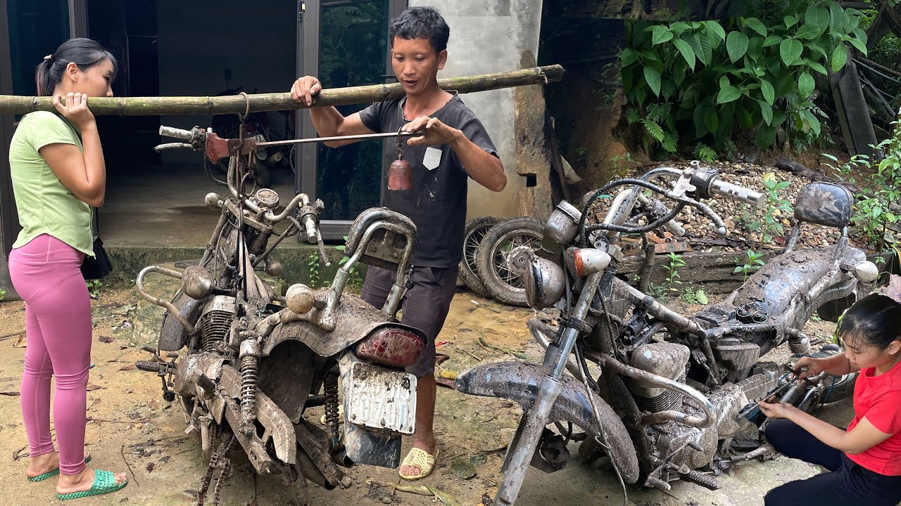 The girl bought an old motorbike that had been left in her yard for a long time to restore.