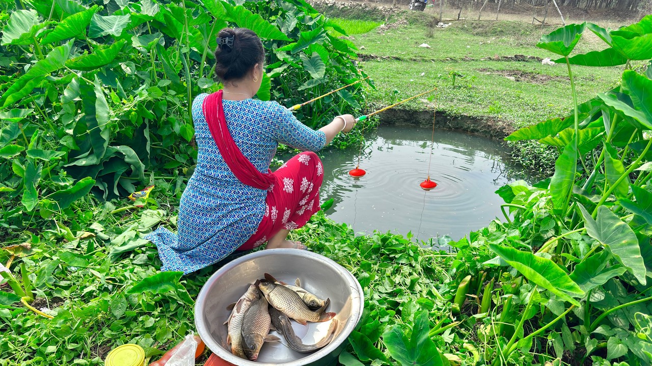 shing Video🎣🎣|| Beautiful cute lady fishing in the canal Using Two Sticks || Two sticks fishing