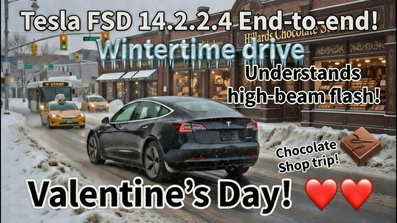 Tesla FSD 14.2.2.4  drives me to the Chocolate shop - understands other driver's high-beams!