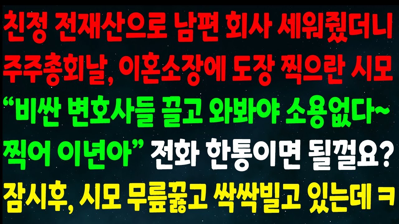 (반전신청사연)친정 전재산으로 남편 회사 세워줬더니 주주총회날 이혼하란 시모 