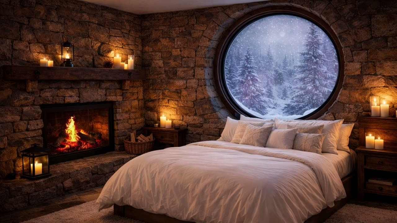 Уютная зимняя спальня ❄️ Камин и снегопад | 3 часа расслабляющей музыки