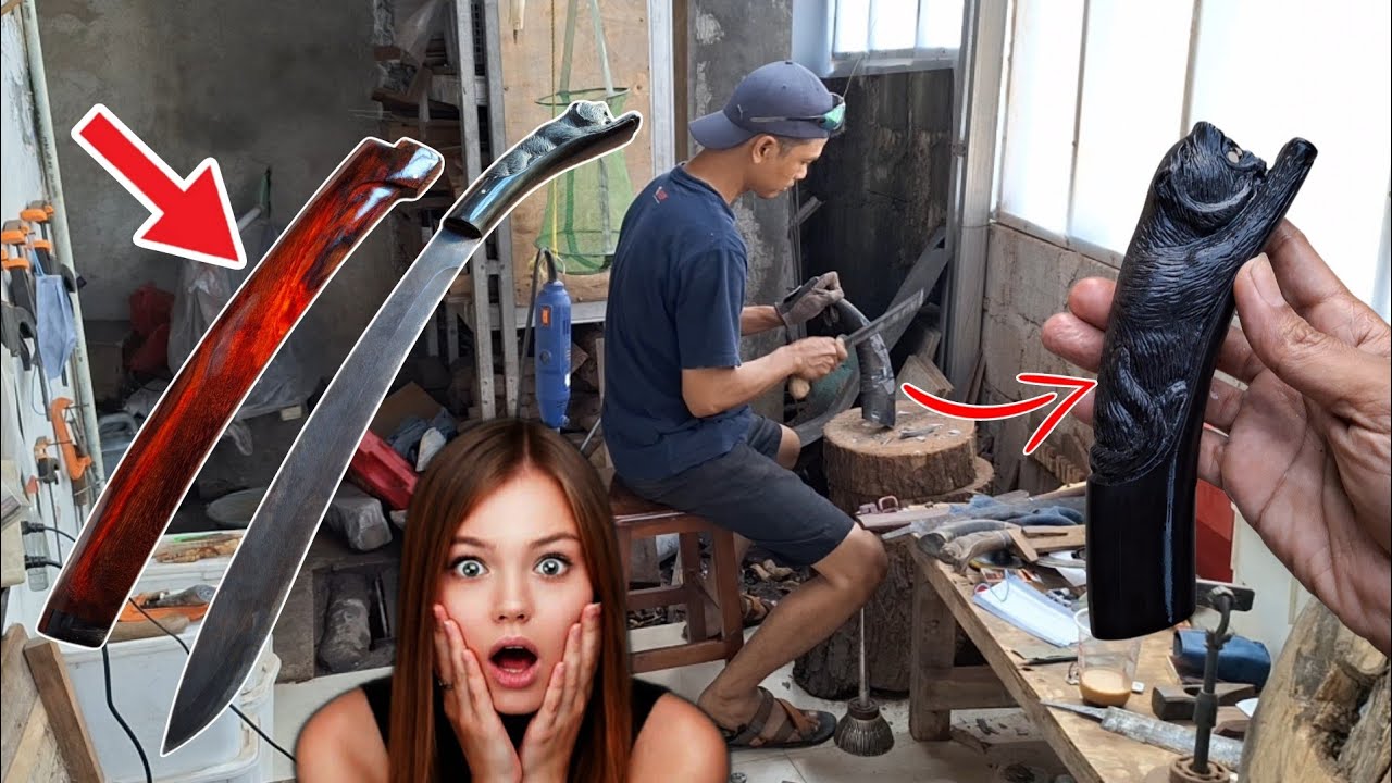 cara membuat sarung dan gagang golok dari tanduk ukiran singa