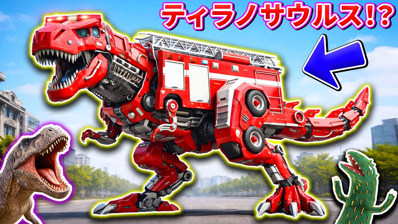 【恐竜】ティラノサウルスがはたらくくるまと合体！？プテラノドンやギガノトサウルスが最強ロボットに変身！おまえうまそうだな