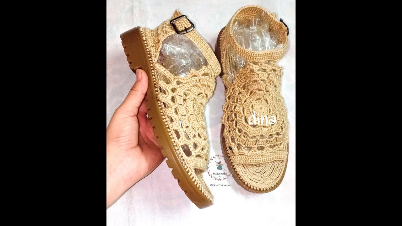 How to make crochet sandal by dina mohamed .. طريقة عمل صندل كروشيه ع نعل خروج شيك وسهل جدا
