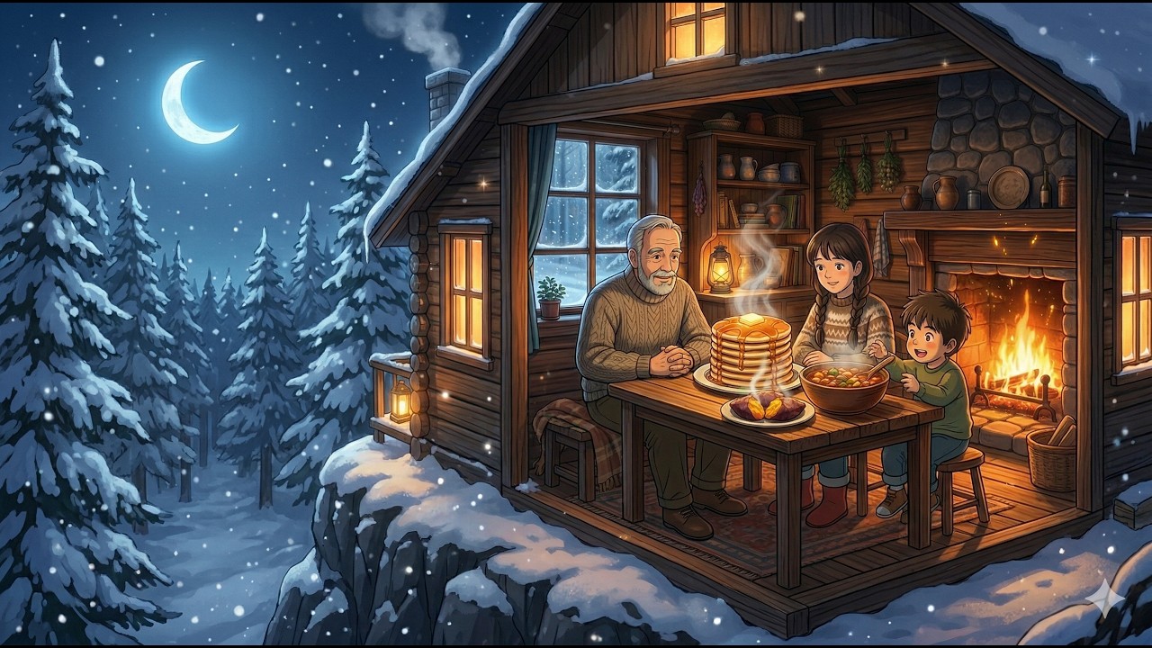 Grandpa's Cabin: Cozy Pancakes, Stew & Roasted Sweet Potatoes in First Snow ❄️ | Ghibli Style ASMR#