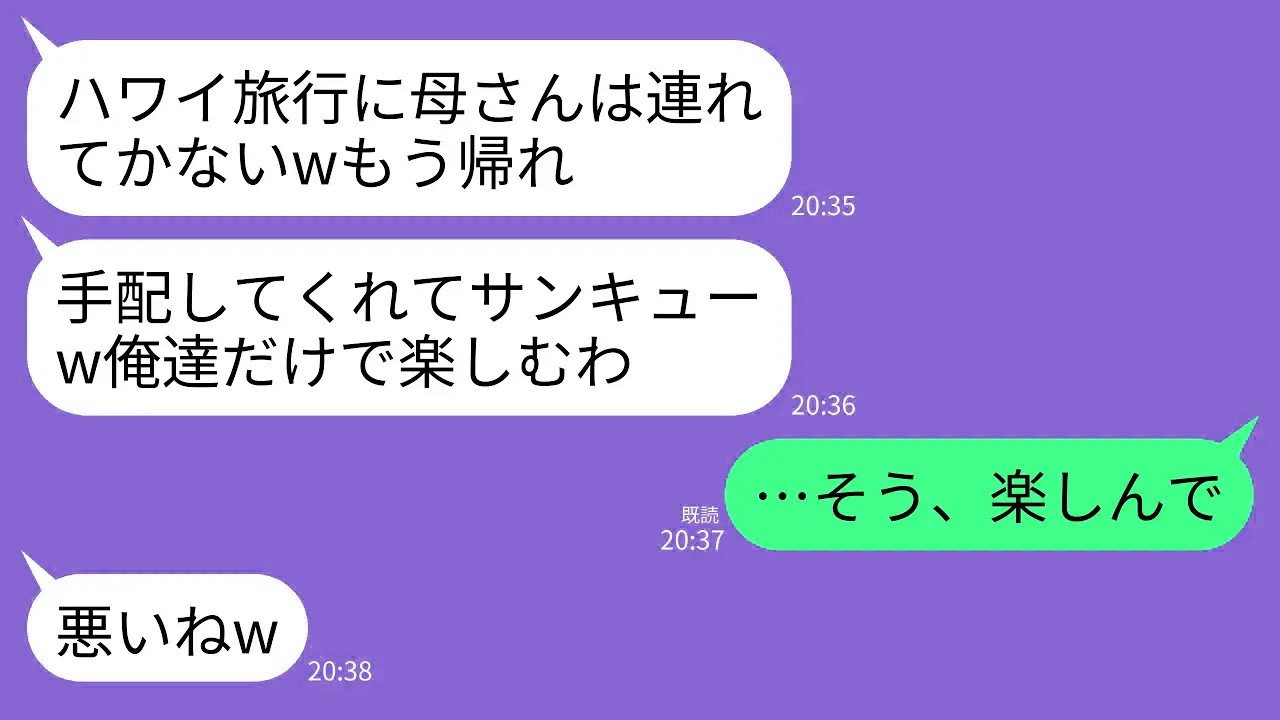 【LINE】私が計画したハワイ旅行なのに私だけ空港に置き去りにして旅行に行く息子夫婦「義両親と行ってくるわw」→速攻で宿泊先と帰りの便をキャンセルしてやった結果ｗww