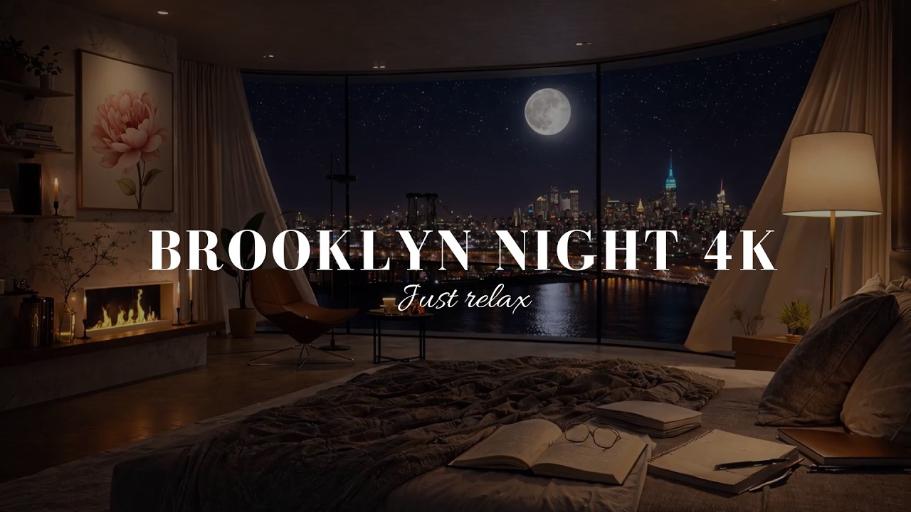 3H Relax Jazz 🌙✨ Brooklyn Night View 4K | Cozy Ambience + Fireplace