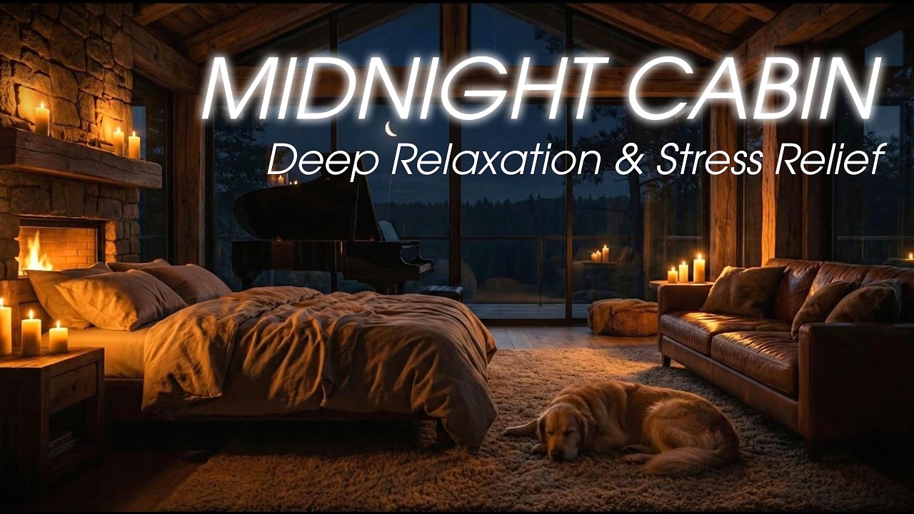 Relaxing Midnight Piano in a Luxury Wooden Cabin | Cozy Winter Night