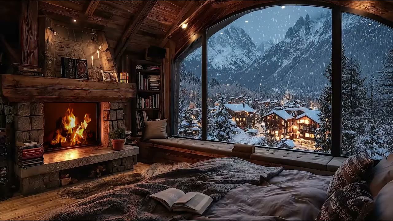Relaxing Fireplace Cabin Ambience with Snow Falling Gently for Deep Sleep and Meditation