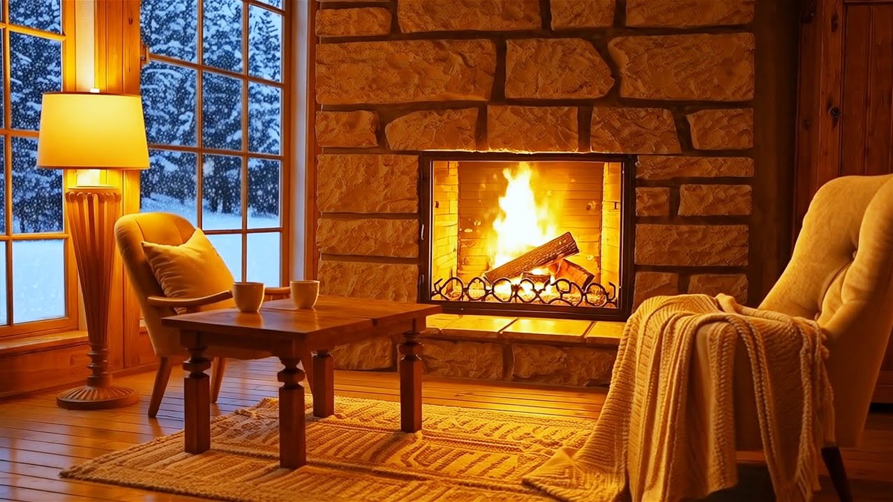 A peaceful 4K video with the crackling of the fireplace and the ambiance of light snowfall
