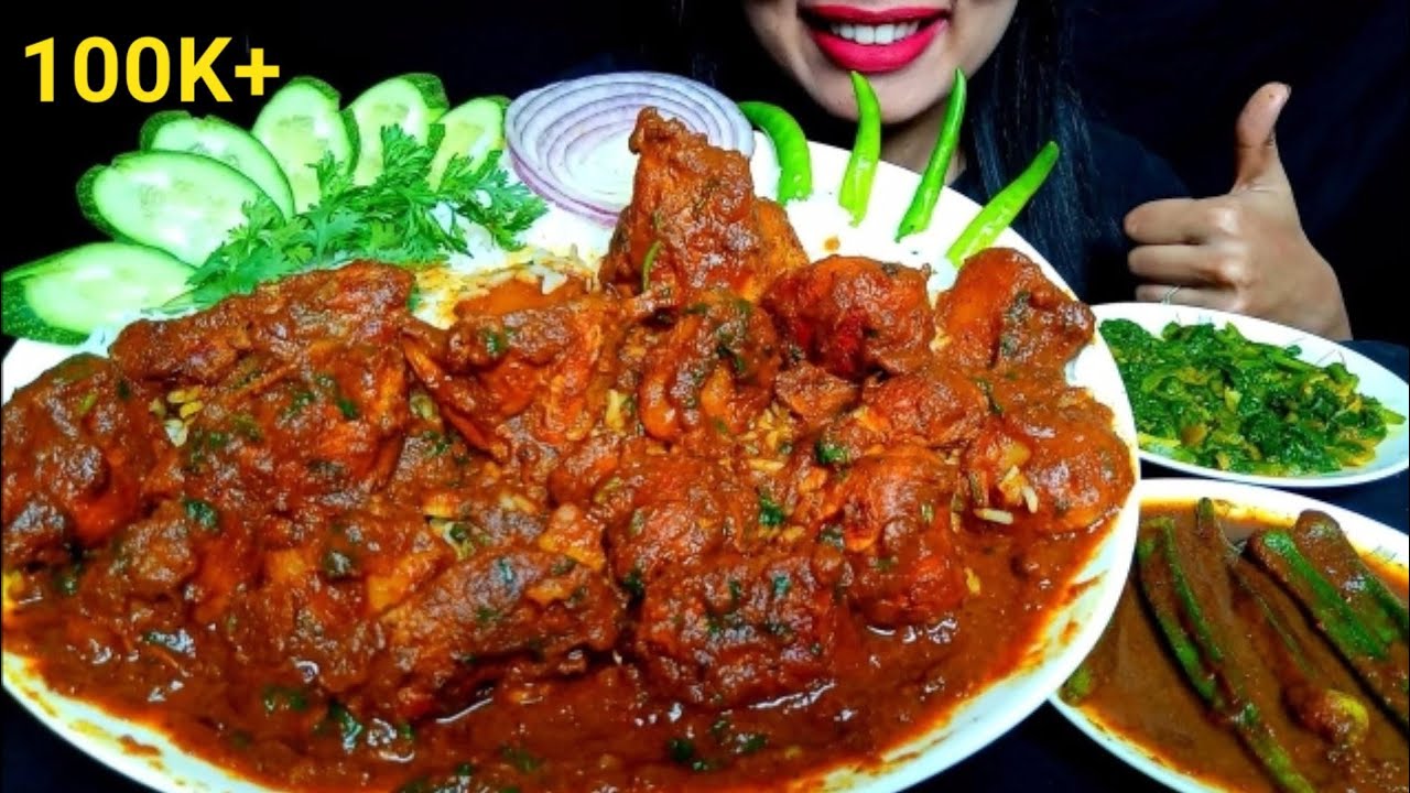 ASMR:EATING SPICY HYDRABADI CHICKEN MASALA,SPINACH FRY,LADY FINGER CURRY,RICE,CHILLI|HUNGRY GIRL