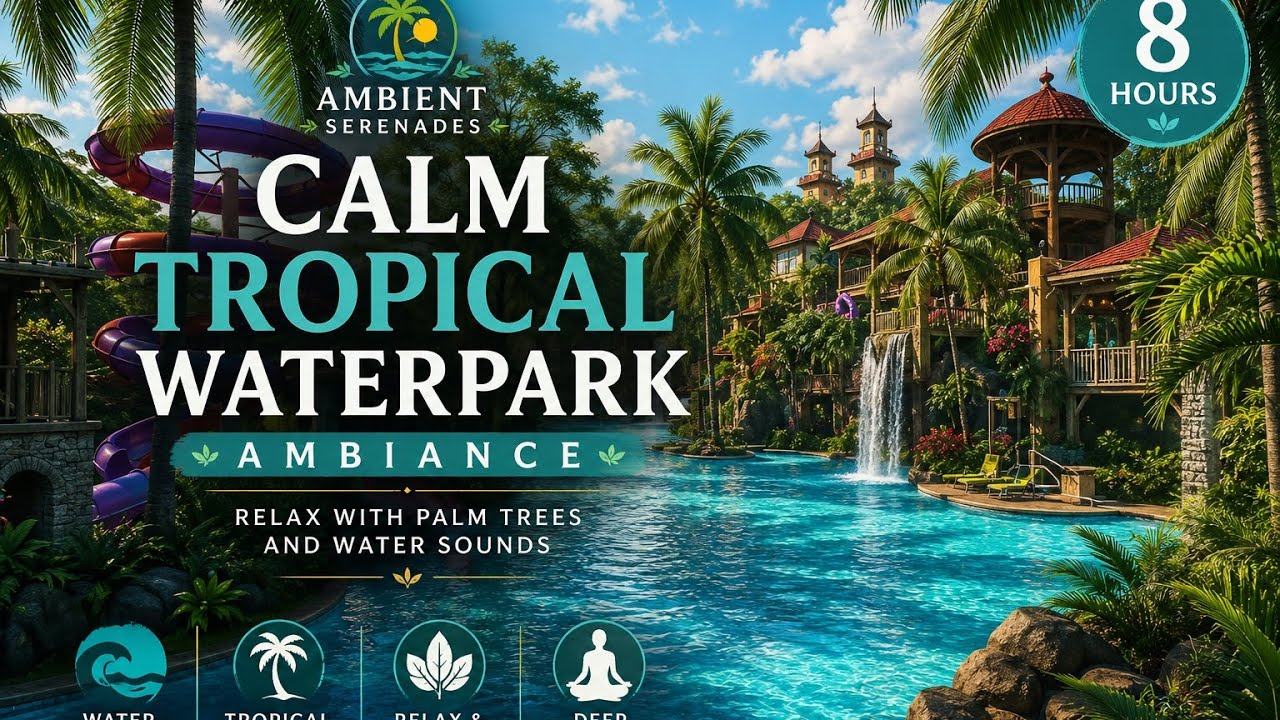 Calm Tropical Waterpark Ambiance | Relax with Palm Trees and Water Sounds