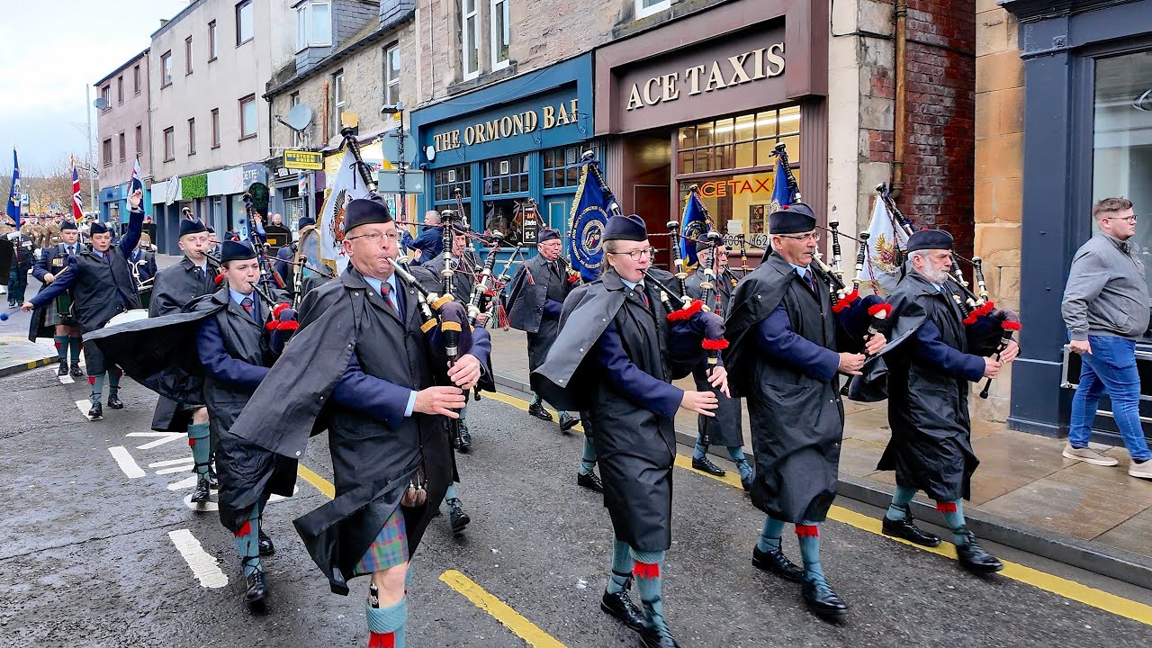 Pipe Band leads the start of the 2025 City of Perth Remembrance Sunday military parade in Scotland