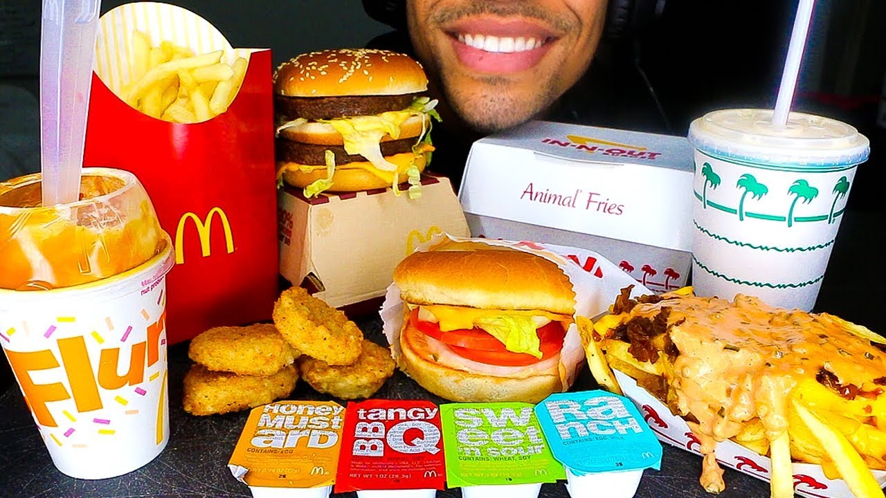 ASMR MCDONALD'S VS IN-N-OUT MUKBANG CHICKEN NUGGETS MCFLURRY ANIMAL STYLE FRIES BIG MAC JERRY EATING