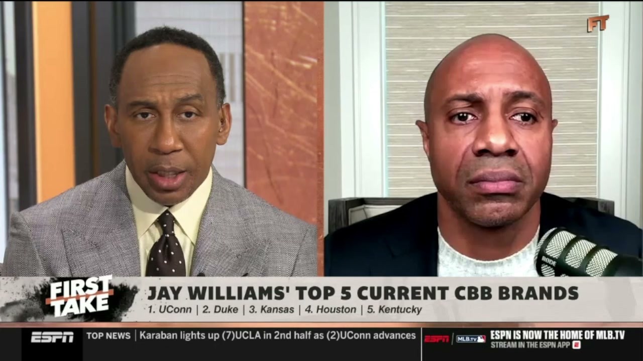FIRST TAKE | Stephen A. take down Jay Williams' Top 5 current CBB Brands: #1.UConn #2.Duke #3.Kansas