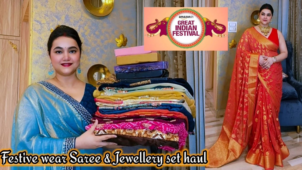 Amazon festive wear Beautiful Saree & Jewellery set haul @PoojaRikichoyal 