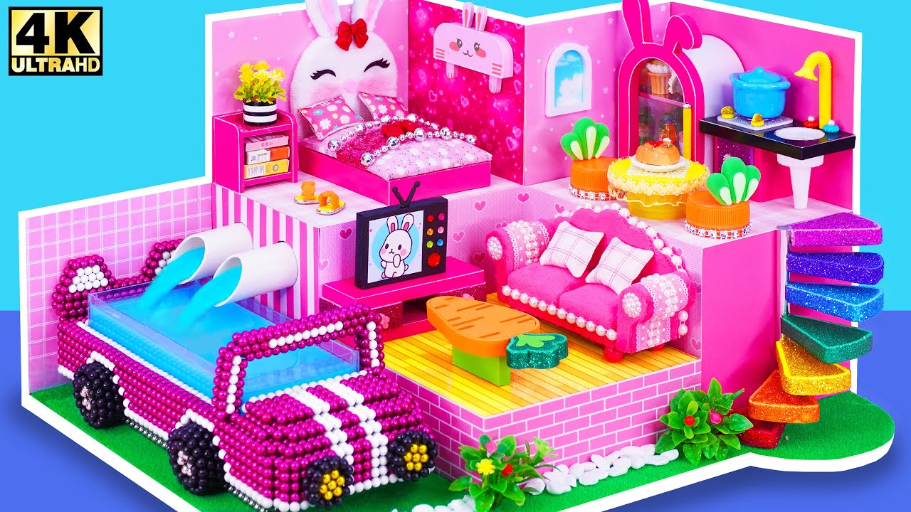 How To Make Pink Mini House has Automatic Water to Magnet Balls Pool - DIY Miniature Cardboard House
