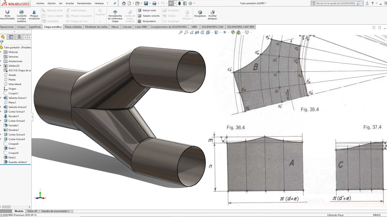 Trazado de una bifurcación de tubos | Tubo pantalón | Calderería | Chapa metálica en SolidWorks