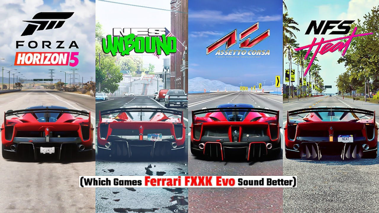 Ferrari FXXK Evo Comparison - Forza Horizon 5 Vs NFS Unbound Vs Assetto Corsa Vs NFS Heat