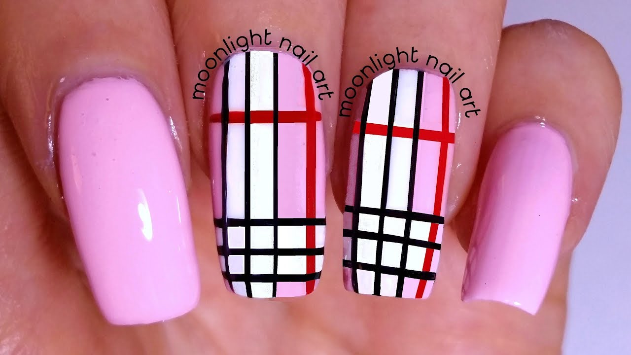 Plaid Nail Design Tutorial: Black, White and Red on Pink Nail Art&ndash; by Moonlight Nail Art