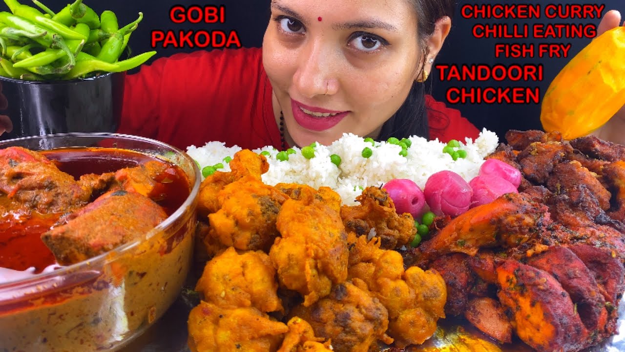 Eating Spicy🔥 Chicken Curry, Matar Pulao, Fish Fry, Chicken Tandoori, Gobi Pakoda Chilli Mukbang