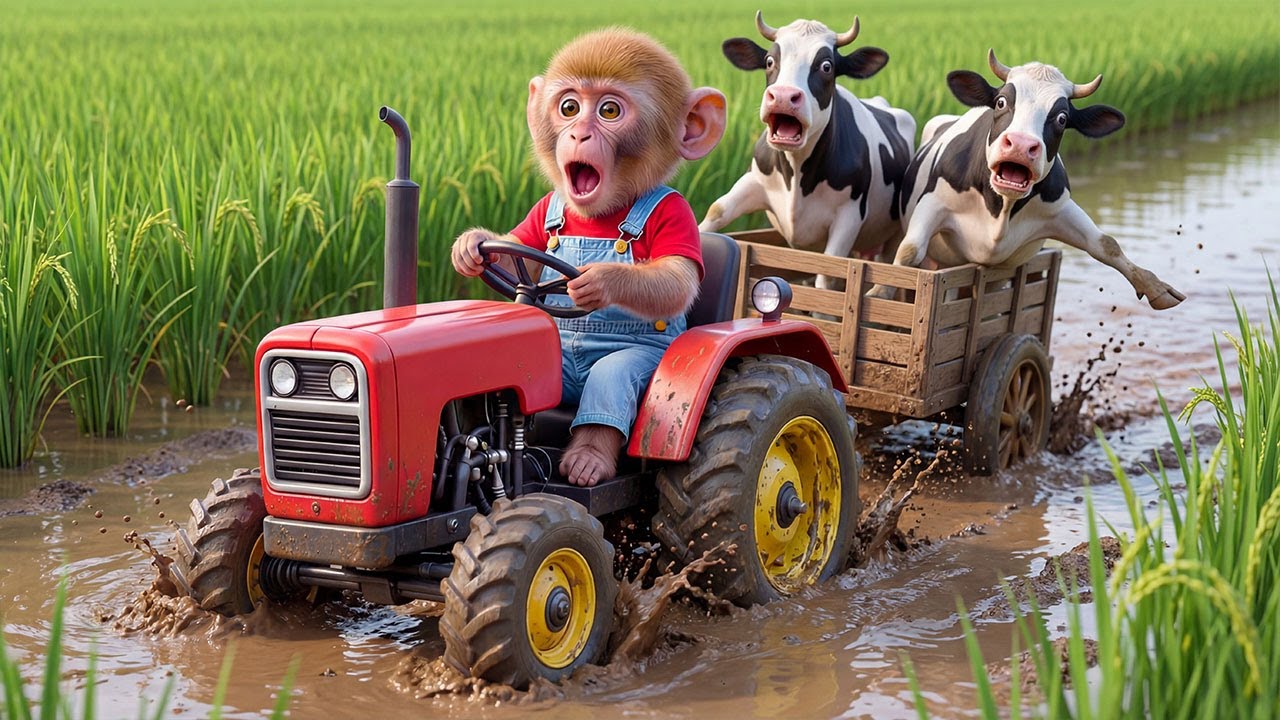 🚜🐒Baby Monkey’s Farm ERUPTS as Cows Sink in Deep Mud — His Smart Rescue Leaves All in Shock!😱