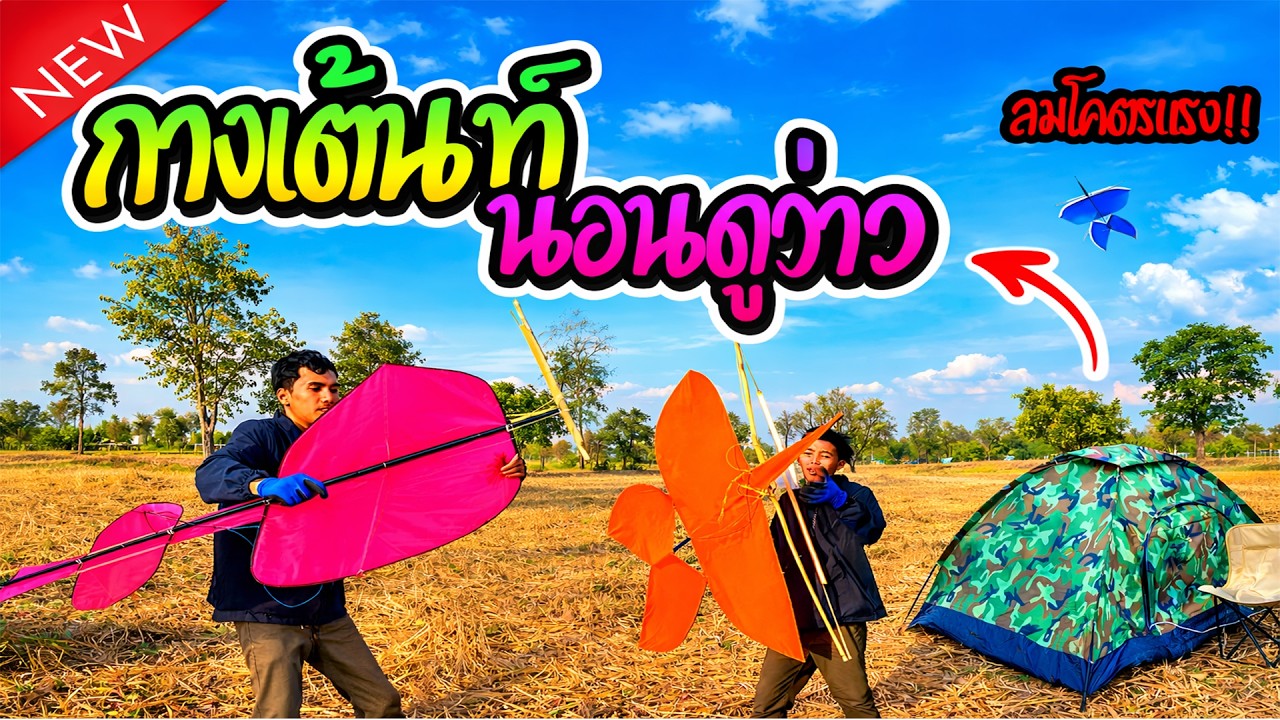 กางเต็นท์ นอนเฝ้าว่าวกลางทุ่งนา ลมเเรงจัด