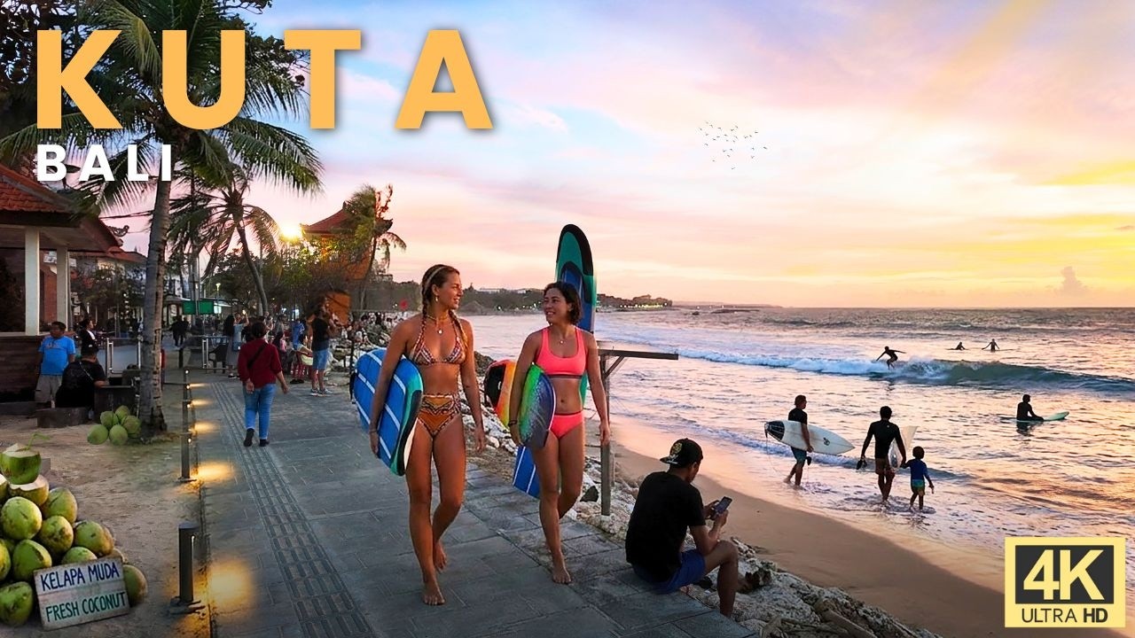 Kuta Beach Sunset Walk, Bali 🌅 Relaxing Evening Beach Atmosphere (4K)