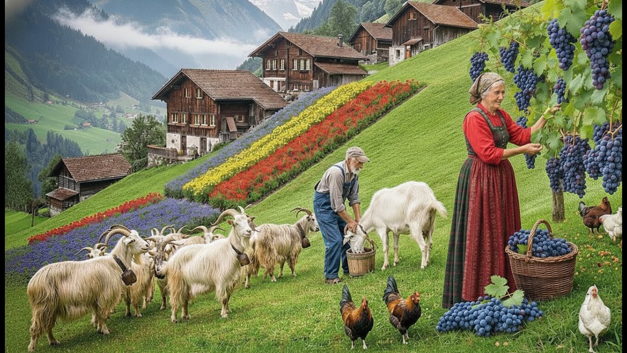 Simple life - A peaceful day in a remote Swiss village, harvesting crops and raising livestock.