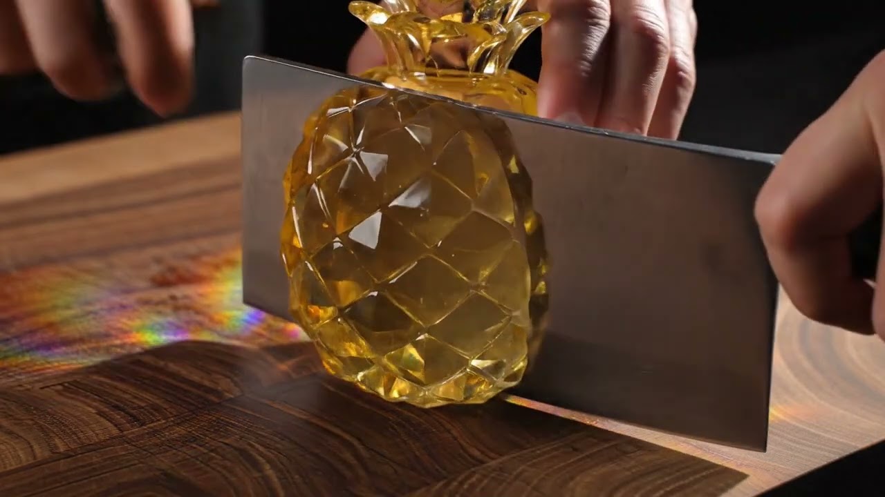 Cutting glass veggie jelly funny on the wooden cutting board
