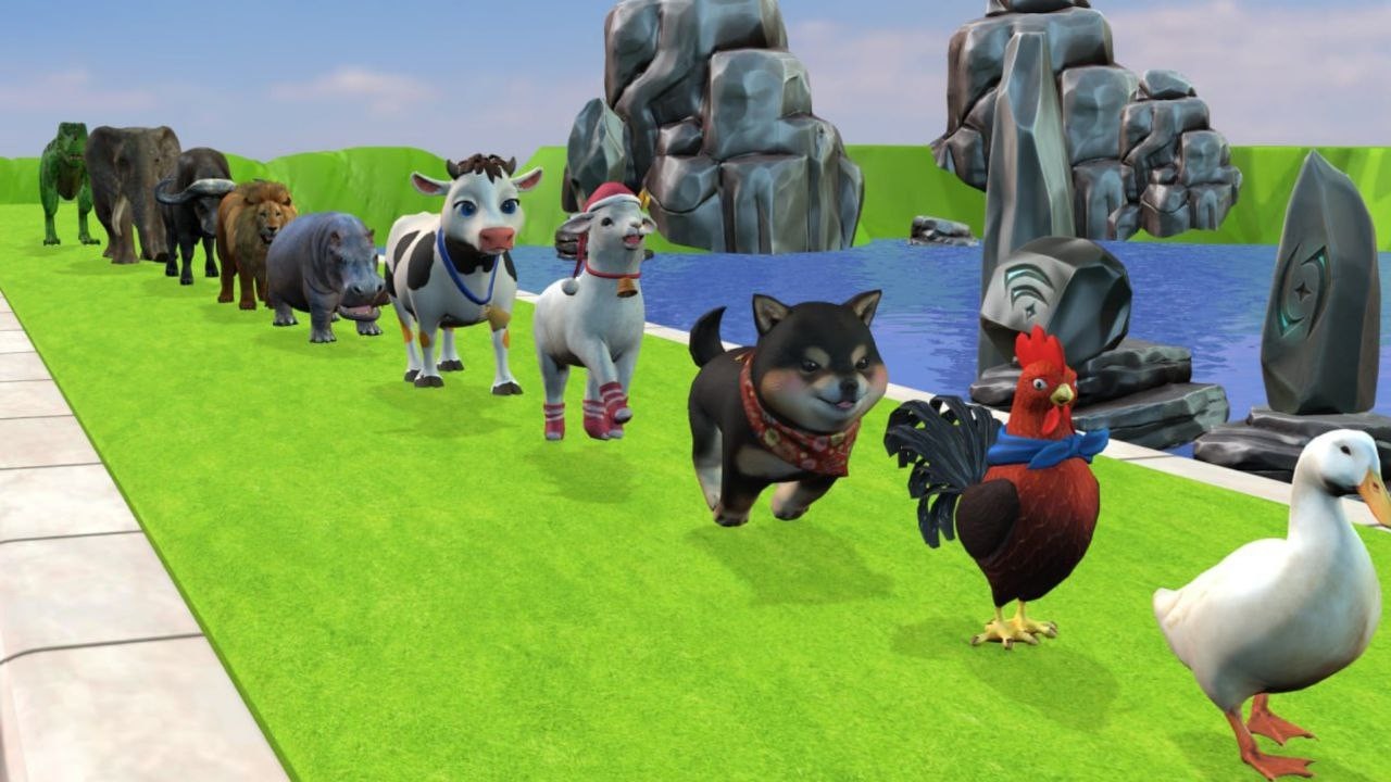 Long Slide Game With Elephant Gorilla Buffalo Hippopotamus Tiger - 3d Animal Game -Leader 3dAnimals
