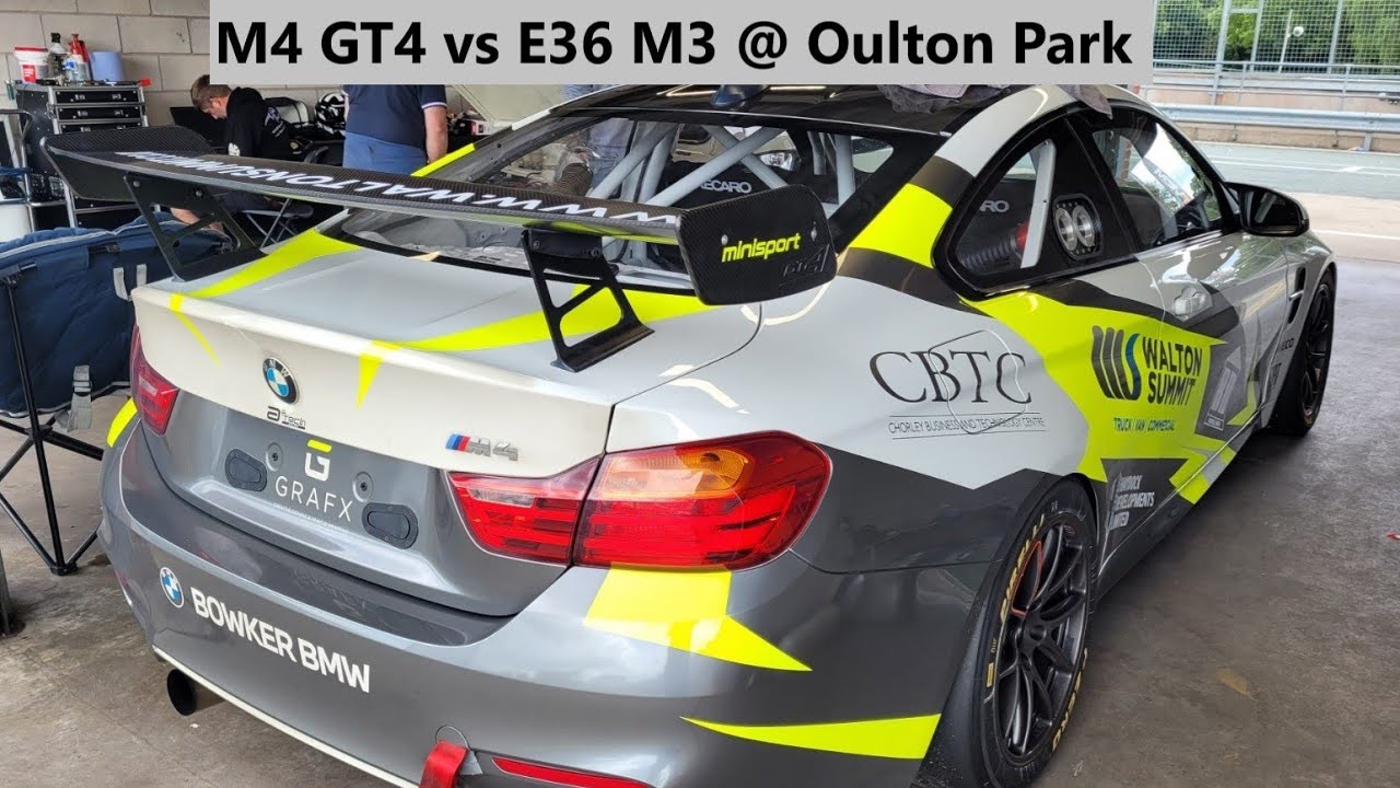 Chasing an M4 GT4 through traffic at oulton park in BMW E36 M3