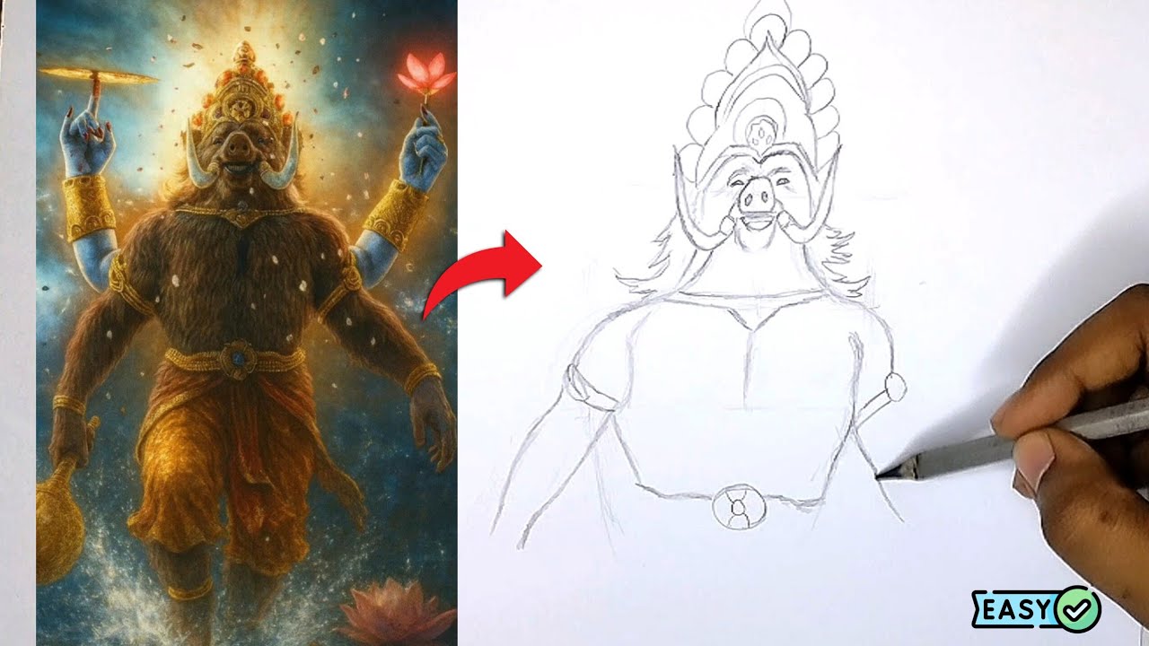 Complete Lord Varaha Avatar Outline Tutorial | Vishnu's Boar Incarnation | Step-by-Step Drawing